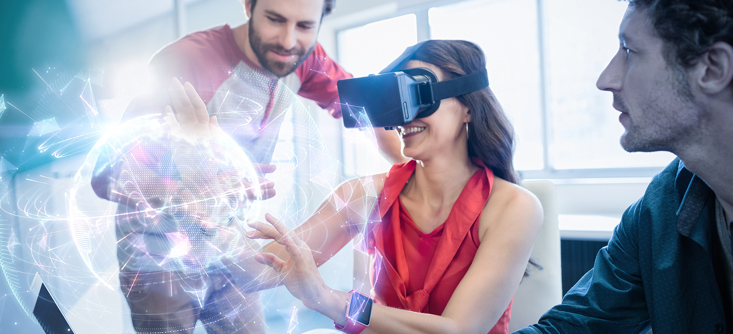 woman in red trying VR headset and having immersive experience