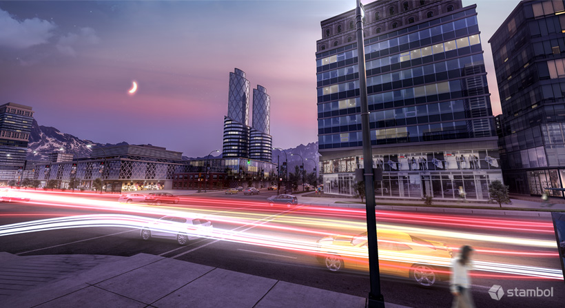 3D exterior renderings of a building in night time