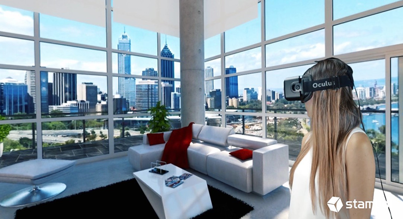 Young female looking at a condo interior with virtual reality headset