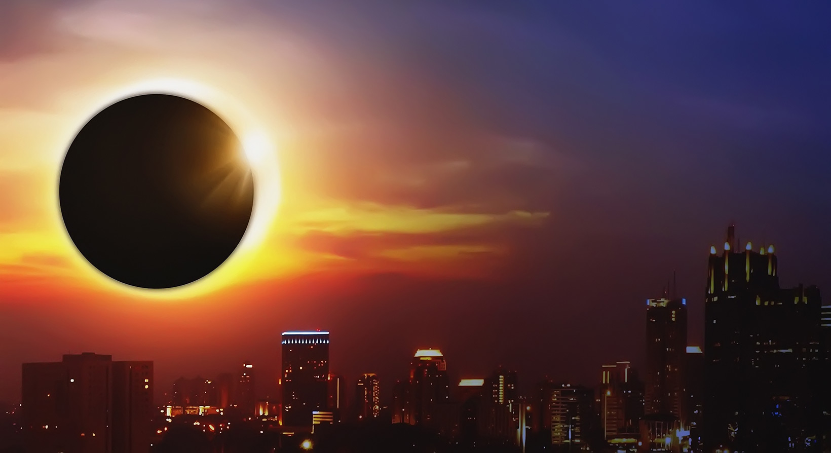 Total Solar Eclipse over a city view