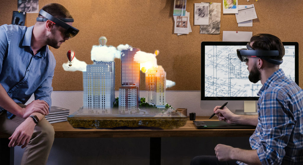 Urban Planners with hololens headset looking at virtual building