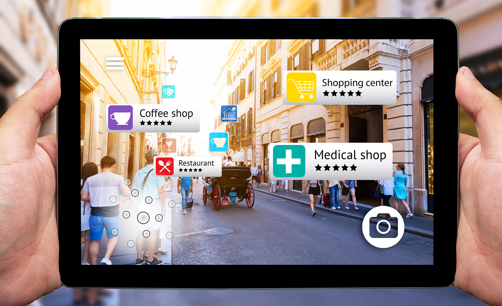 Hand holding tablet, and using augmented reality application to check information around city