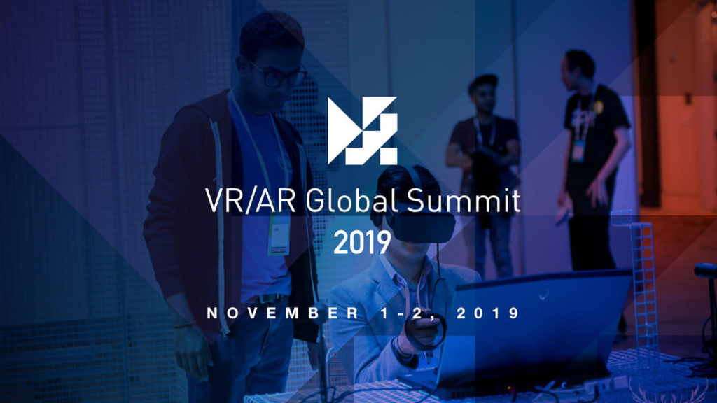 VR AR Global Summit 2019 Banner showing a person in front of computer using virtual reality