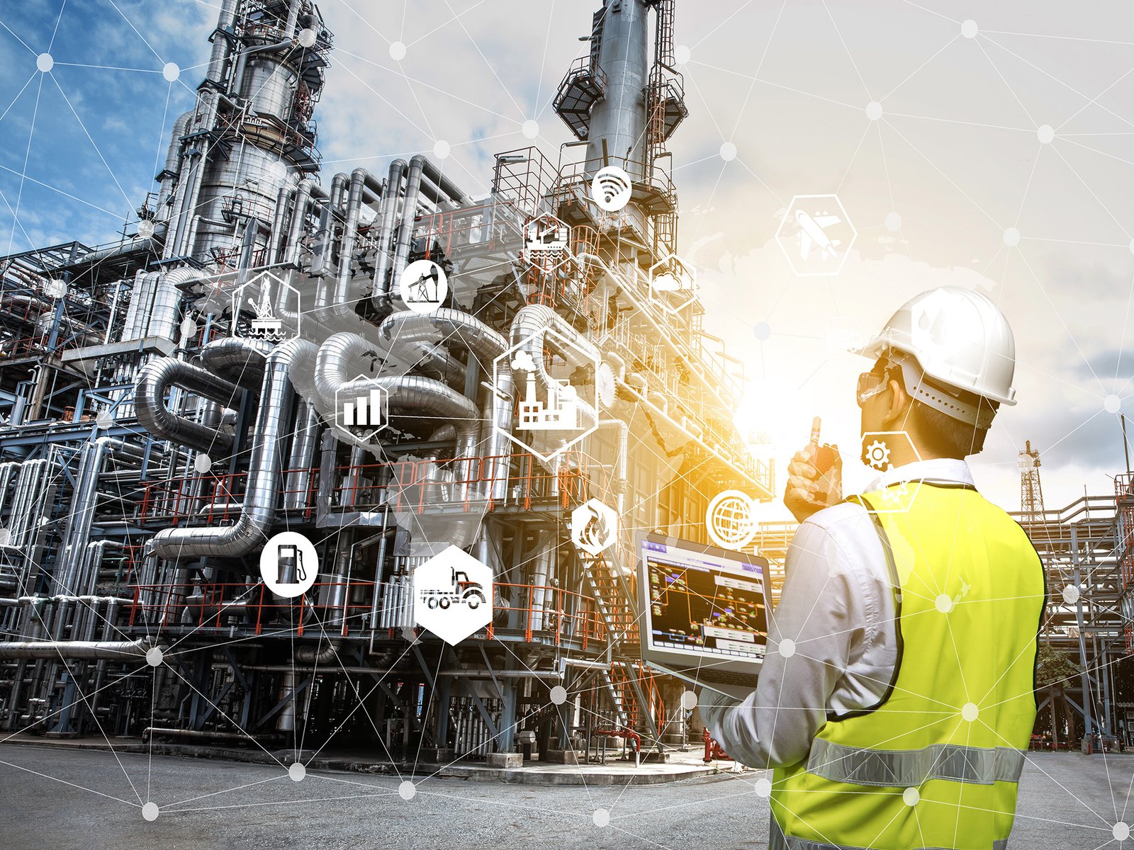 Engineer holding walkie talkie are working orders the oil and gas refinery plant. Industry petrochemical concept image and icon connecting networking using augmented reality technology.