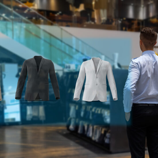 futuristic extended reality technology concept, happy man select jackets from a holographic display